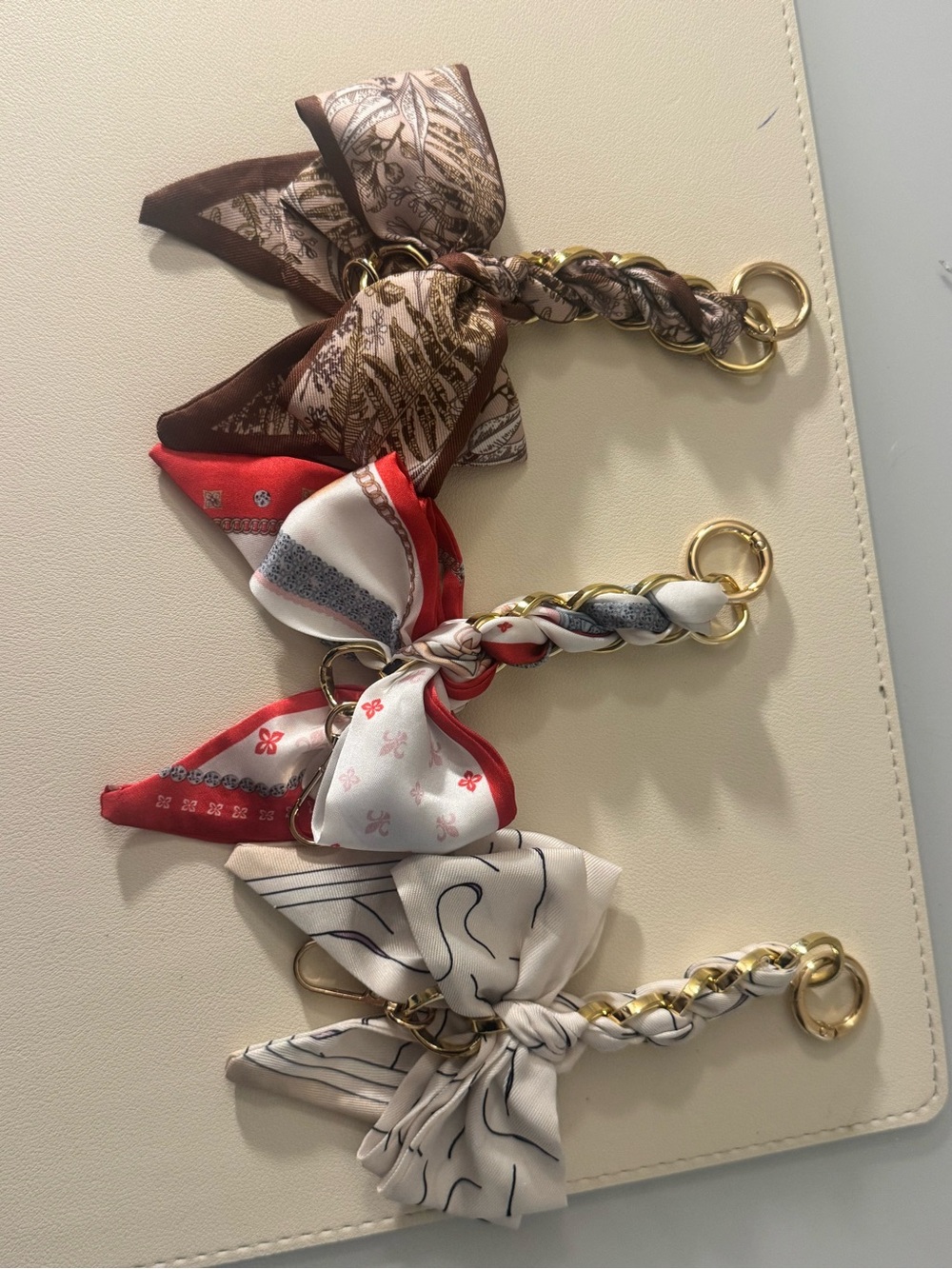 Silk Scarf Chain bag charms,Keychains - Set of 3 (Brown, Red, Cream)